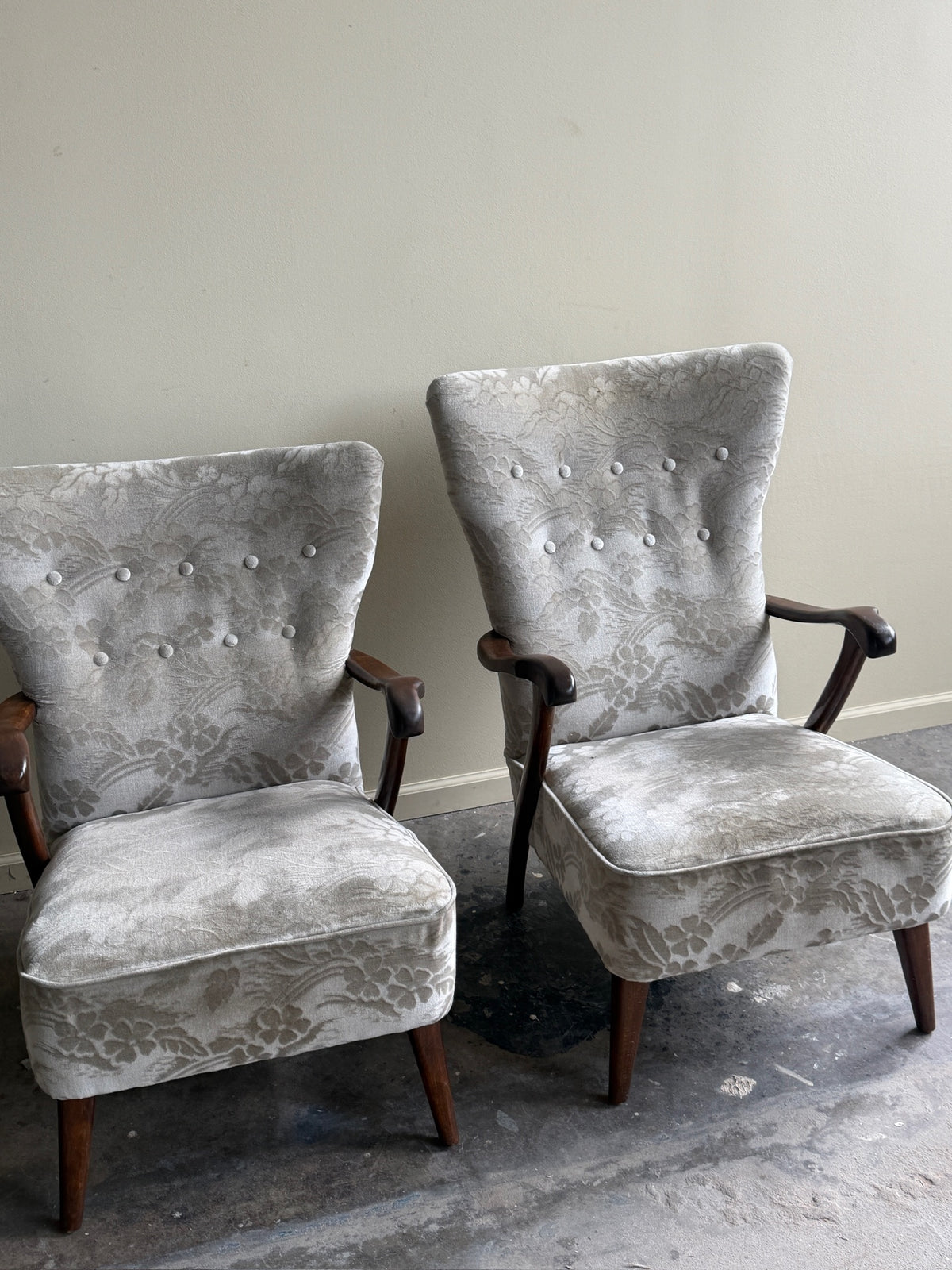 Danish wingback grey floral velvet lounge chairs (left)