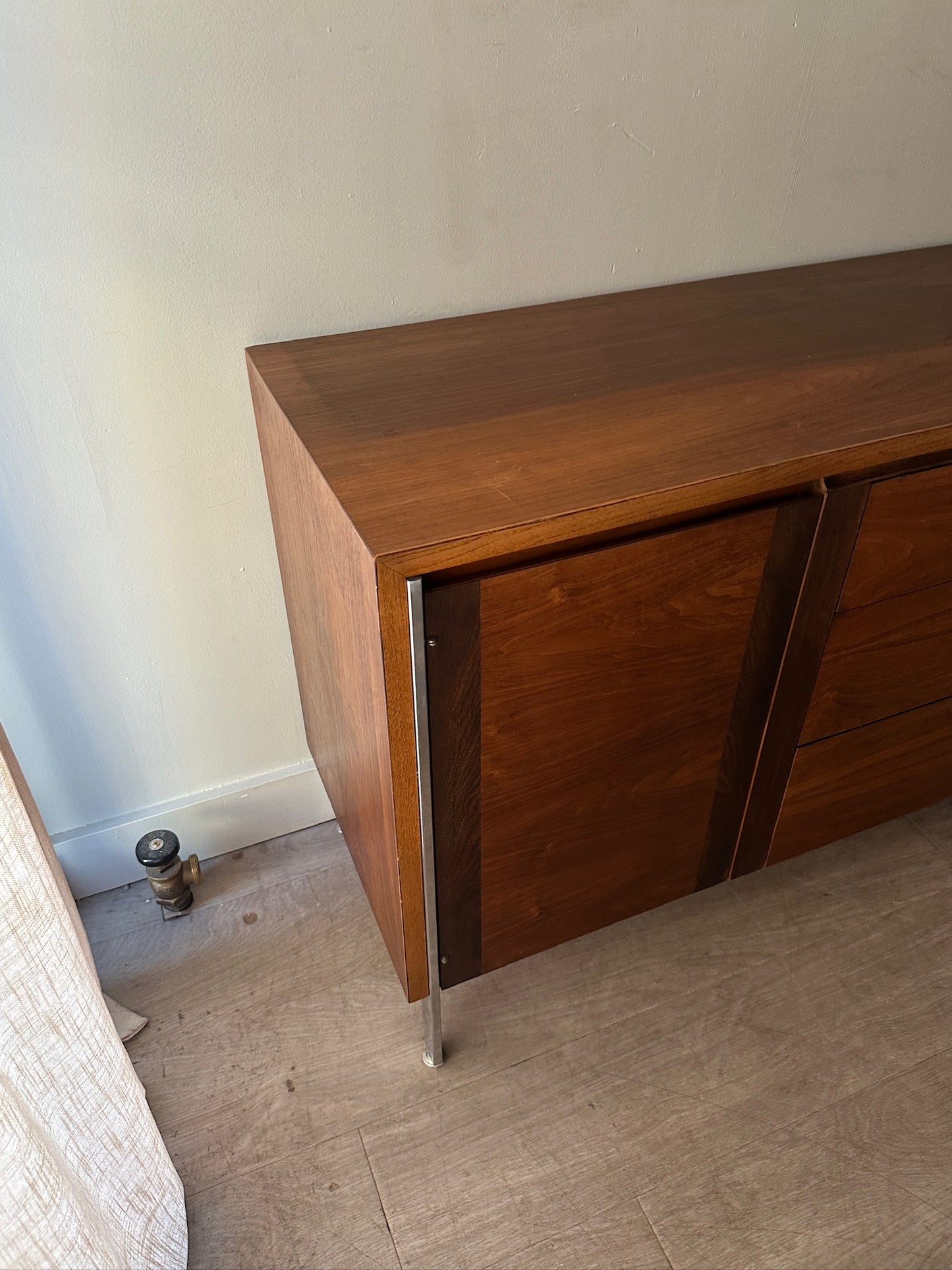 Lane walnut credenza with chrome hardware