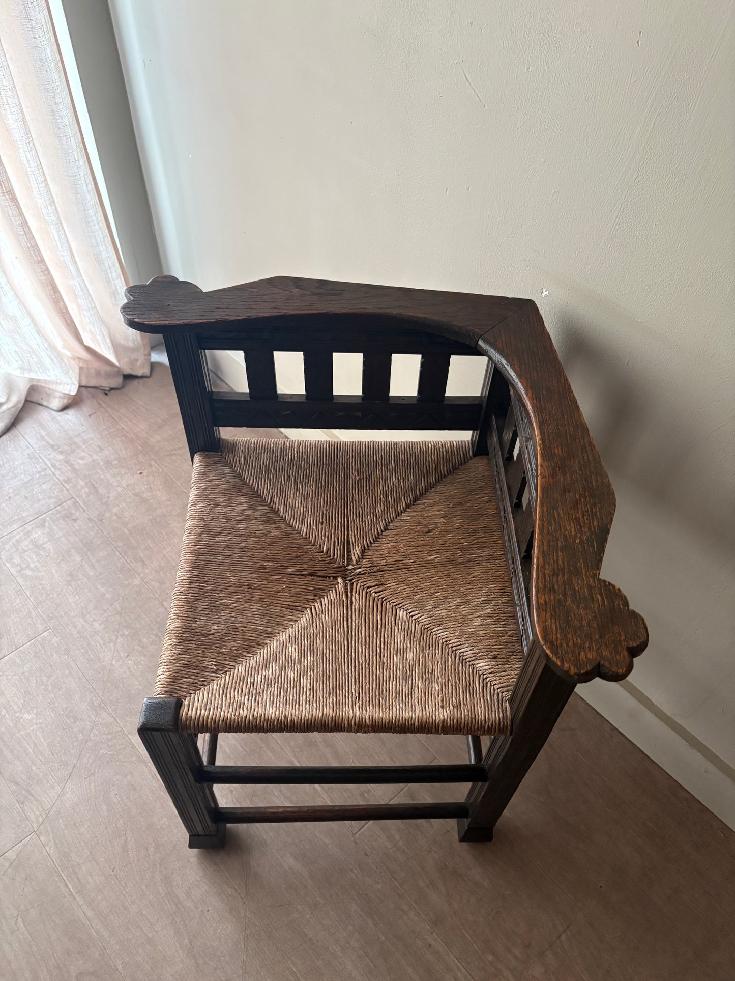 Dutch oak rush seat corner chair
