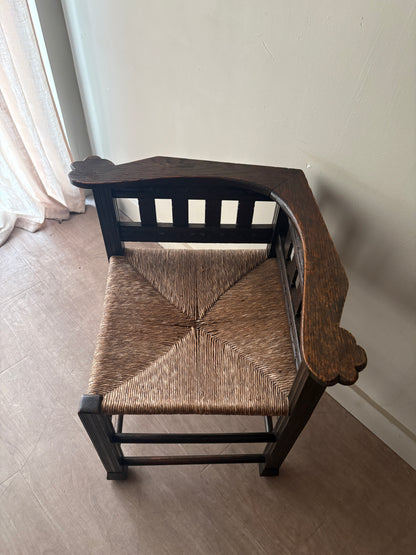 Dutch oak rush seat corner chair