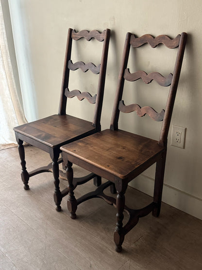 French oak ladder back dining chairs. Sold as a pair.