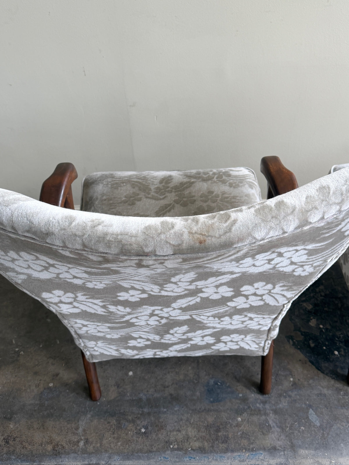 Danish wingback grey floral velvet lounge chairs (left)