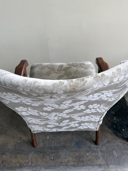 Danish wingback grey floral velvet lounge chairs (left)
