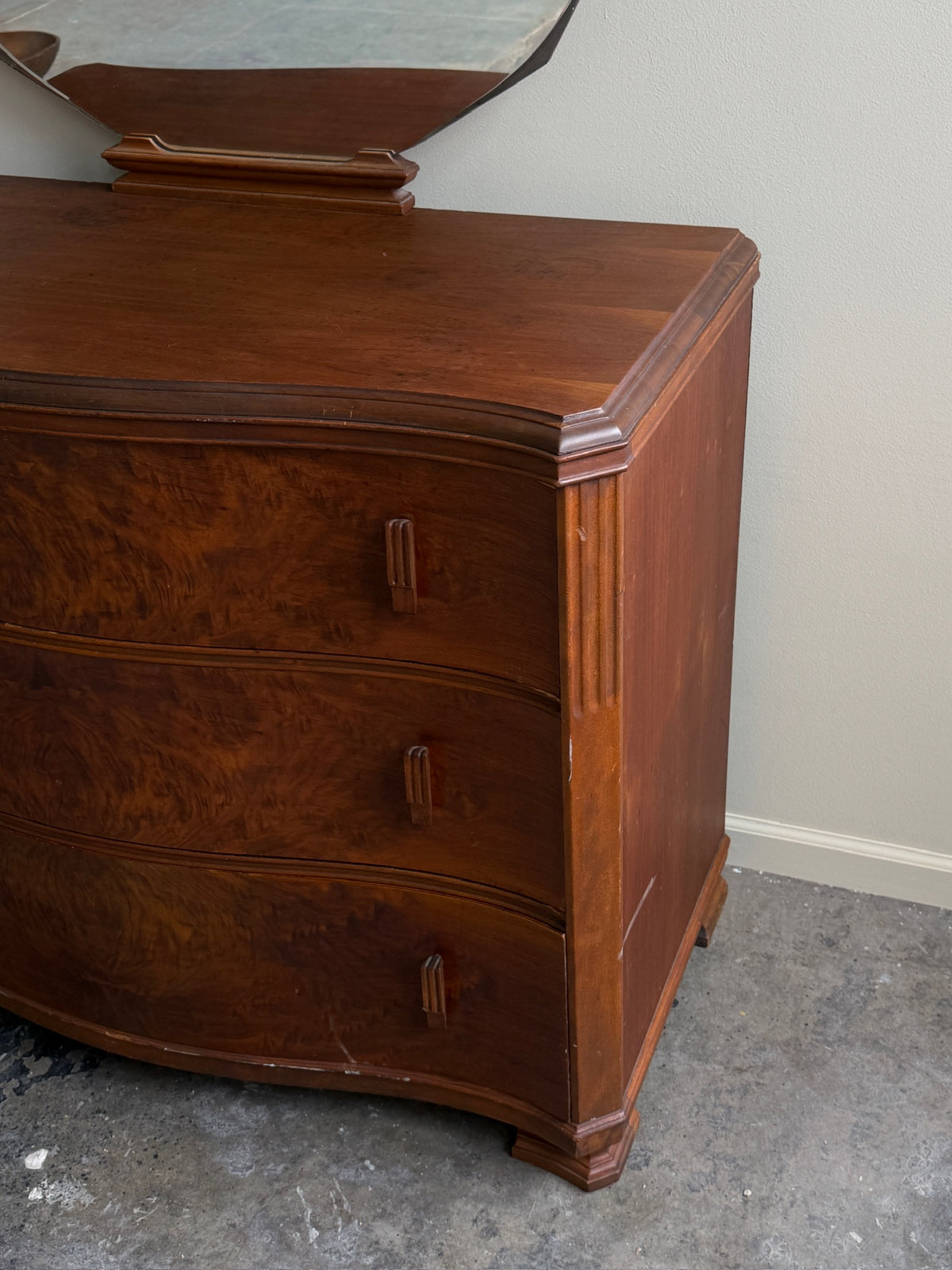 Deco walnut 3 drawer dresser with mirror