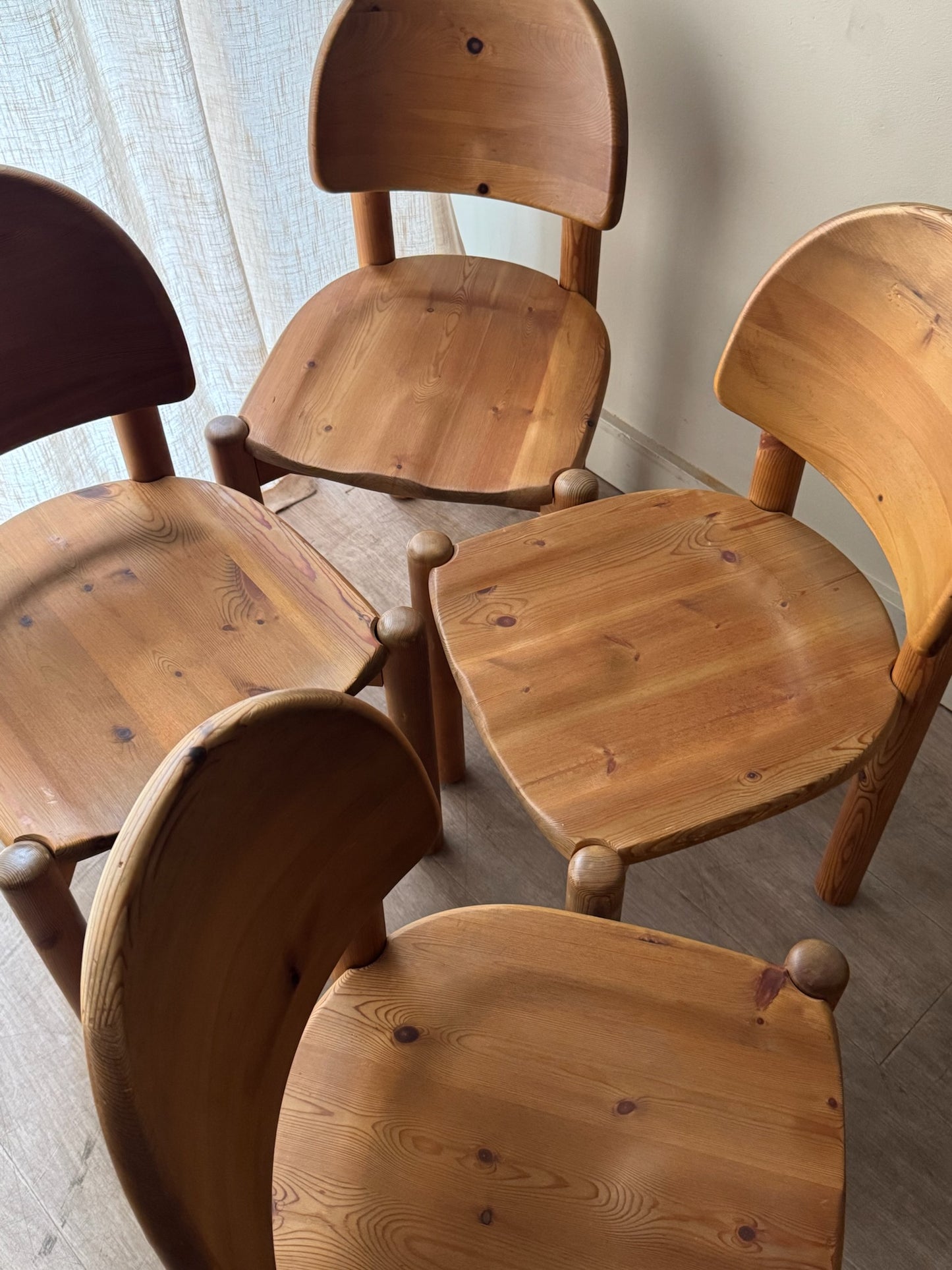 Rainer Daumiller pine dining chairs with matte finish. Sold as a set of 4.