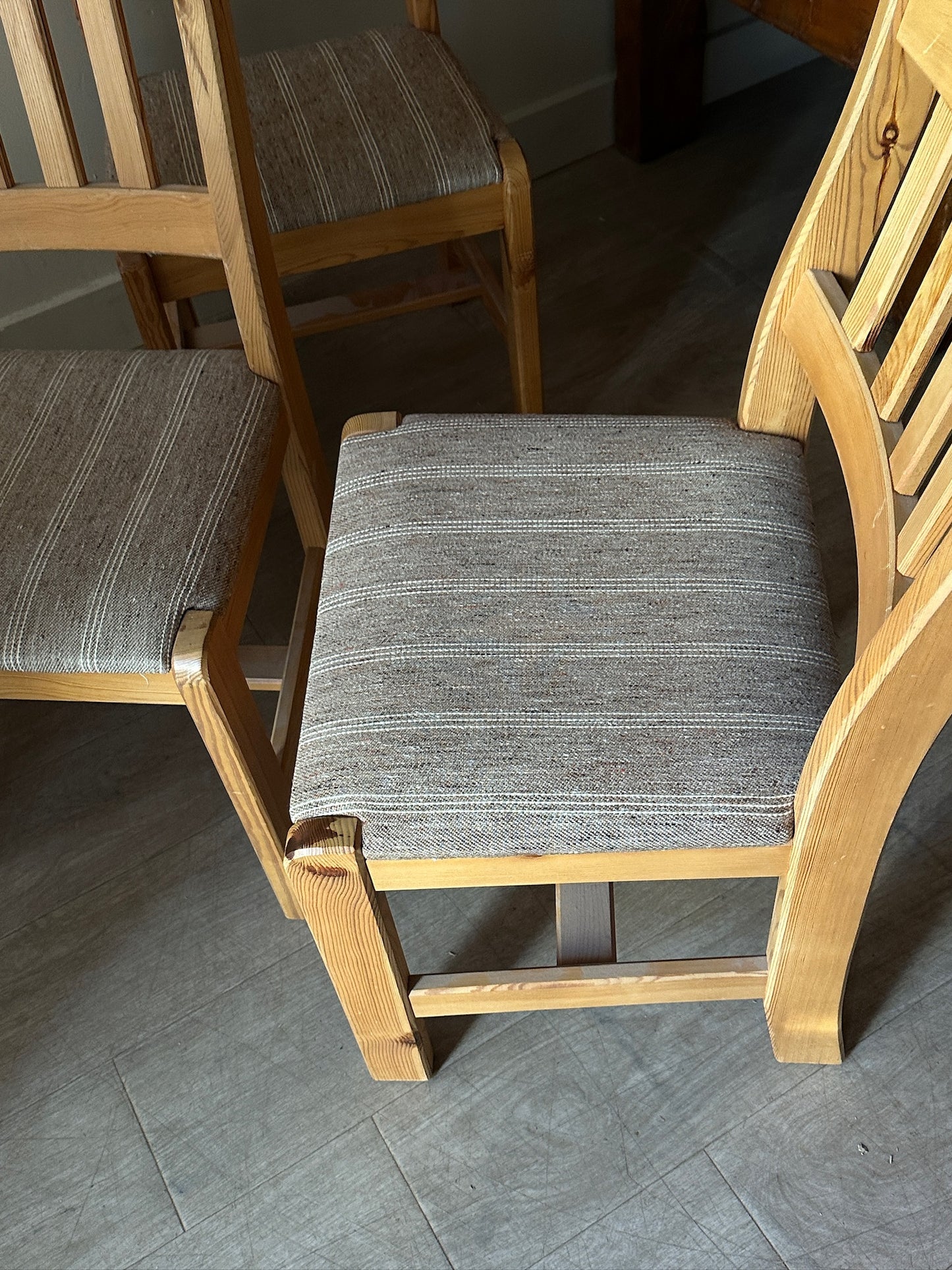 Danish upholstered pine dining chairs. Sets of 2.