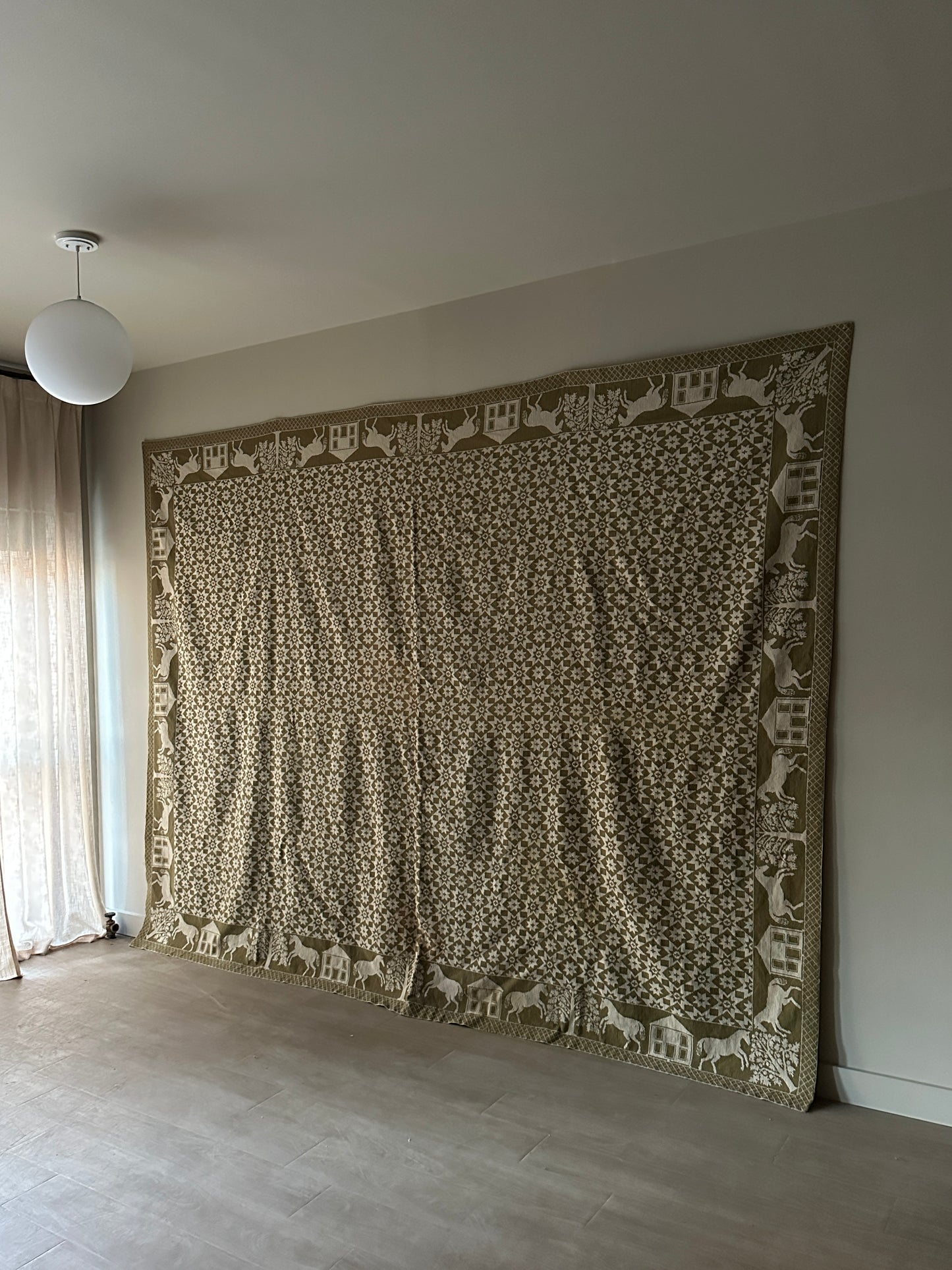 Green and cream hand woven wool coverlet/rug/tapestry