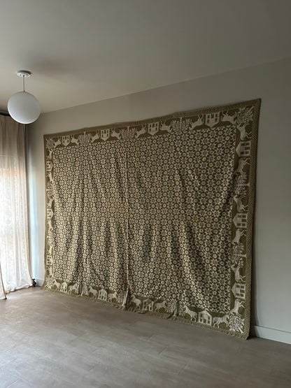 Green and cream hand woven wool coverlet/rug/tapestry