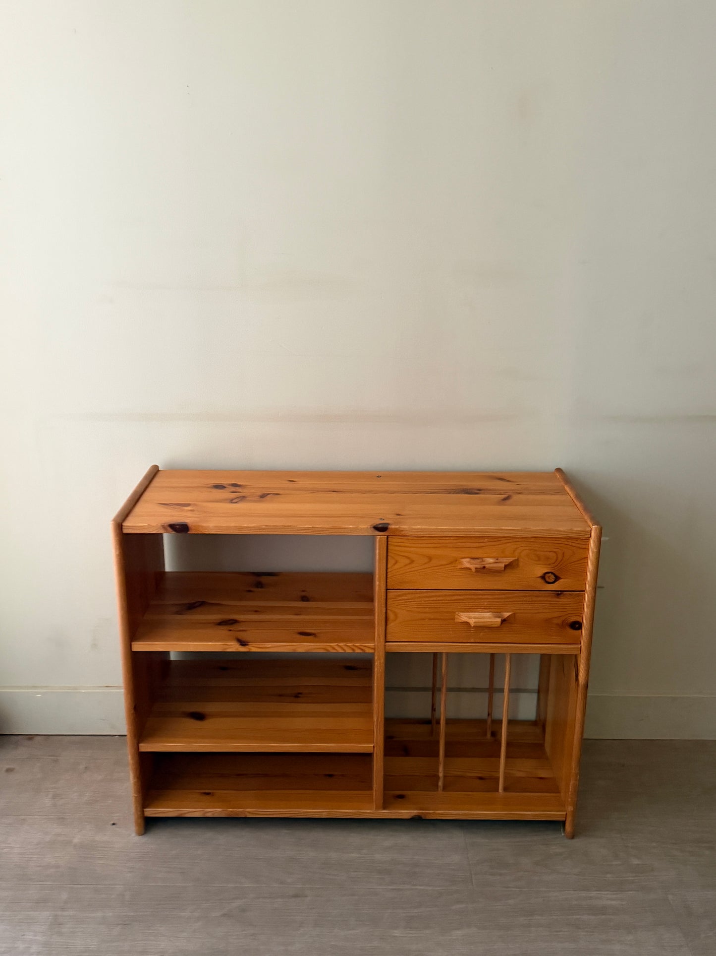 Scandinavian small pine bookcase with record storage