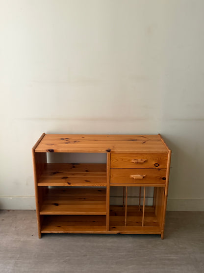 Scandinavian small pine bookcase with record storage