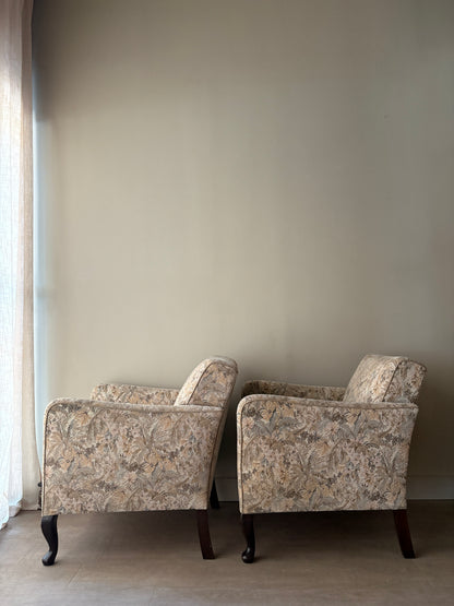 Danish floral upholstered lounge chairs. Sold individually.