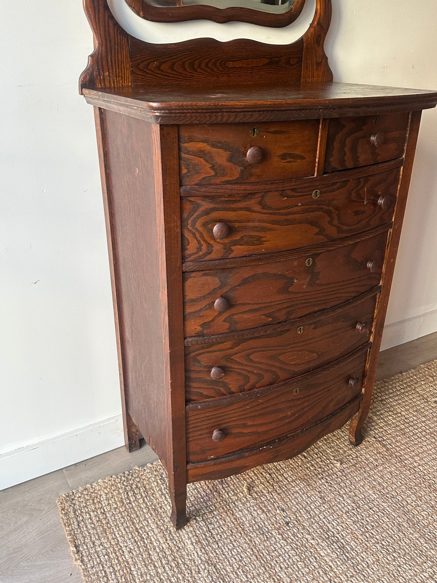 Oak tallboy with mirror