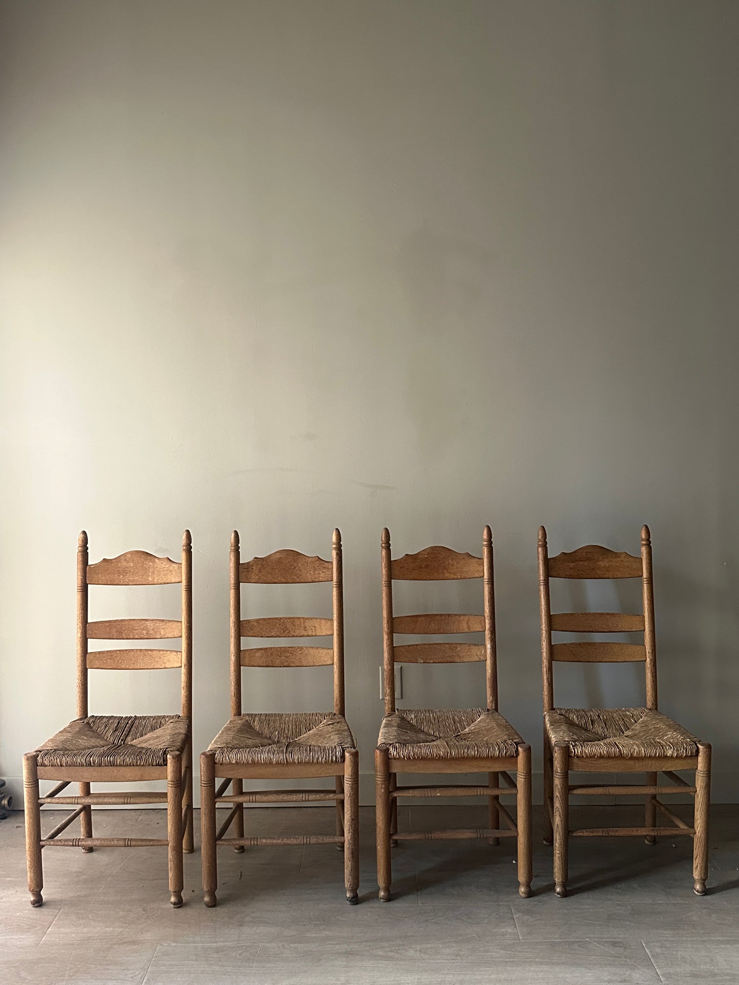 White oak rush seat dining chairs. Sets of 2.