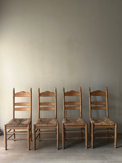 White oak rush seat dining chairs. Sets of 2.