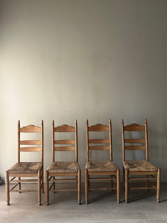 White oak rush seat dining chairs. Sets of 2.