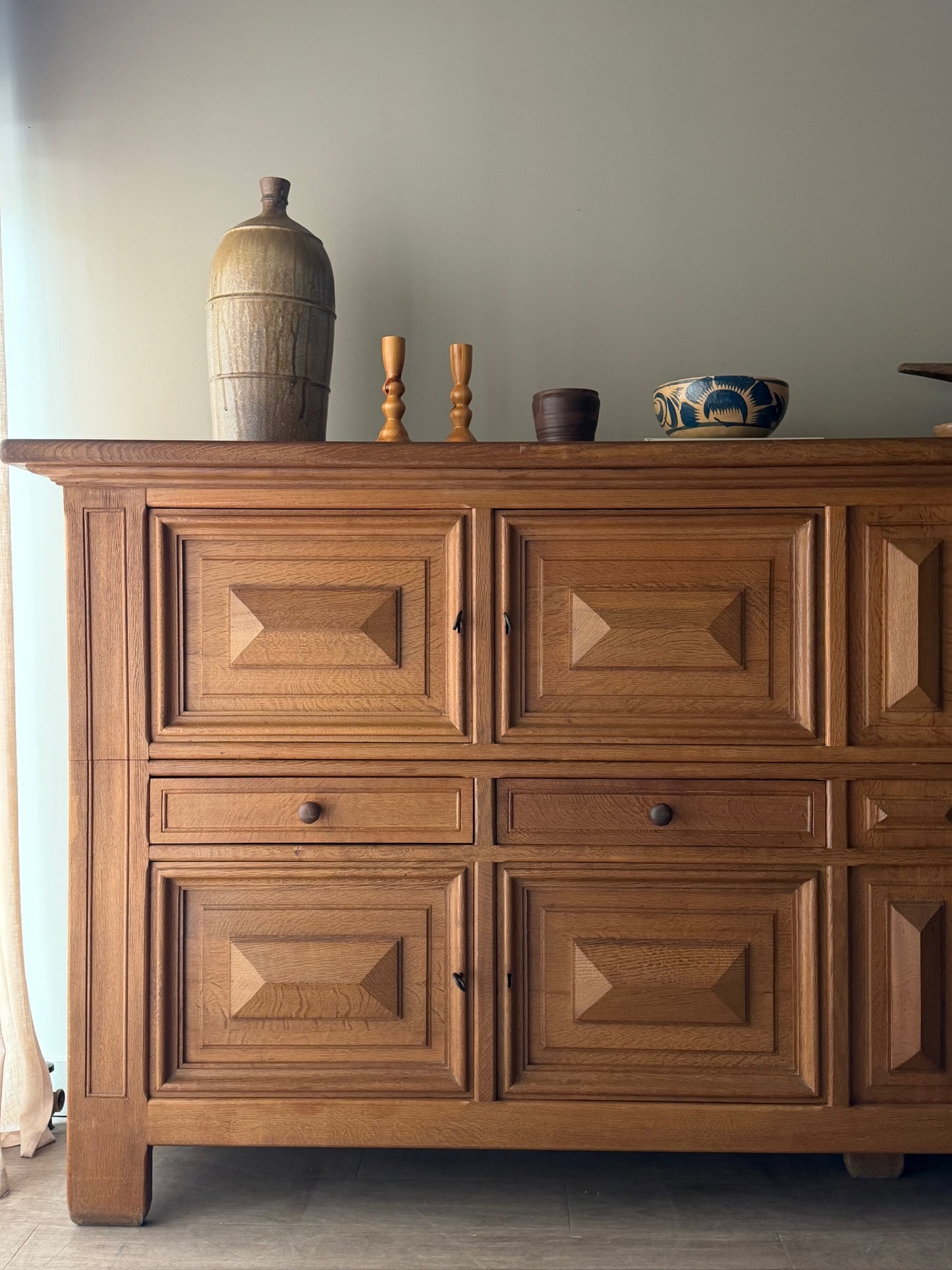 Brutalist Dutch oak two piece sideboard