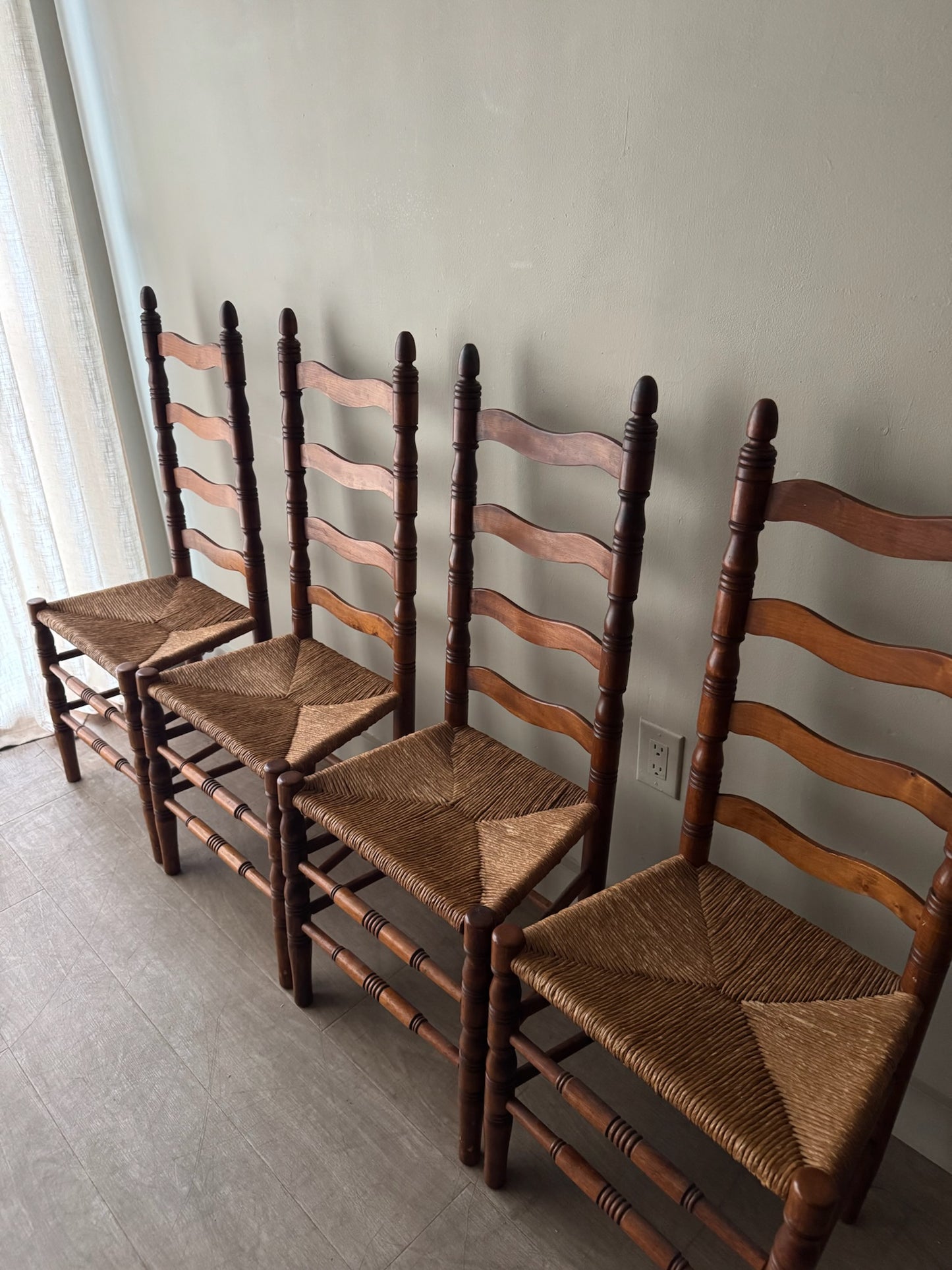 Maple ladder back rush seat chairs. Sold in pairs.
