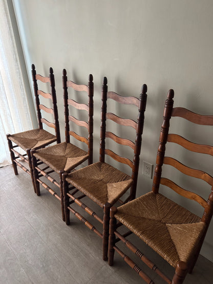 Maple ladder back rush seat chairs. Sold in pairs.