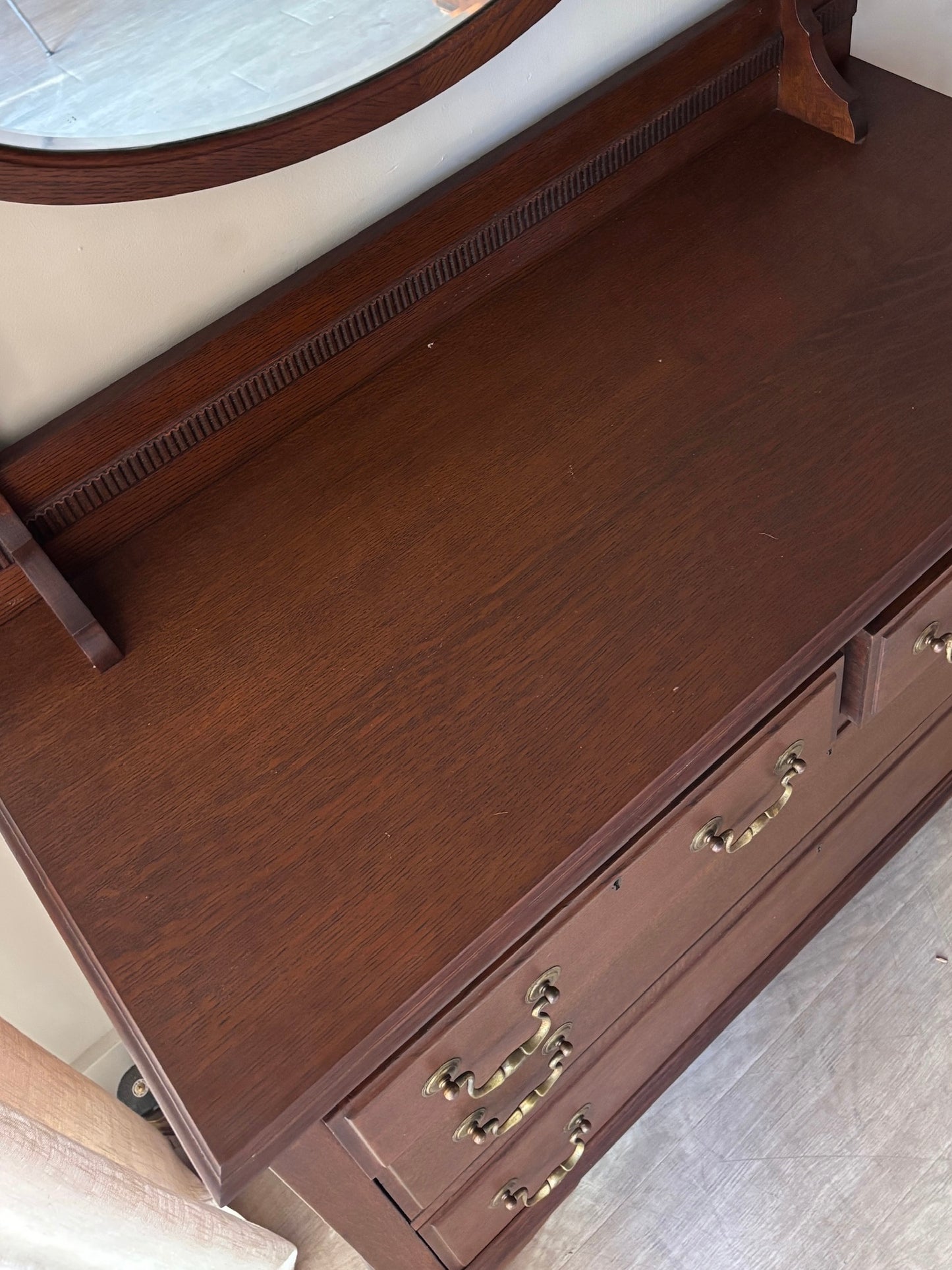 English Queen Anne oak dresser with mirror