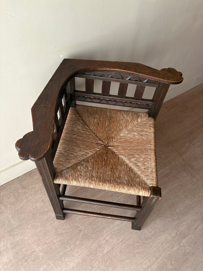 Dutch oak rush seat corner chair