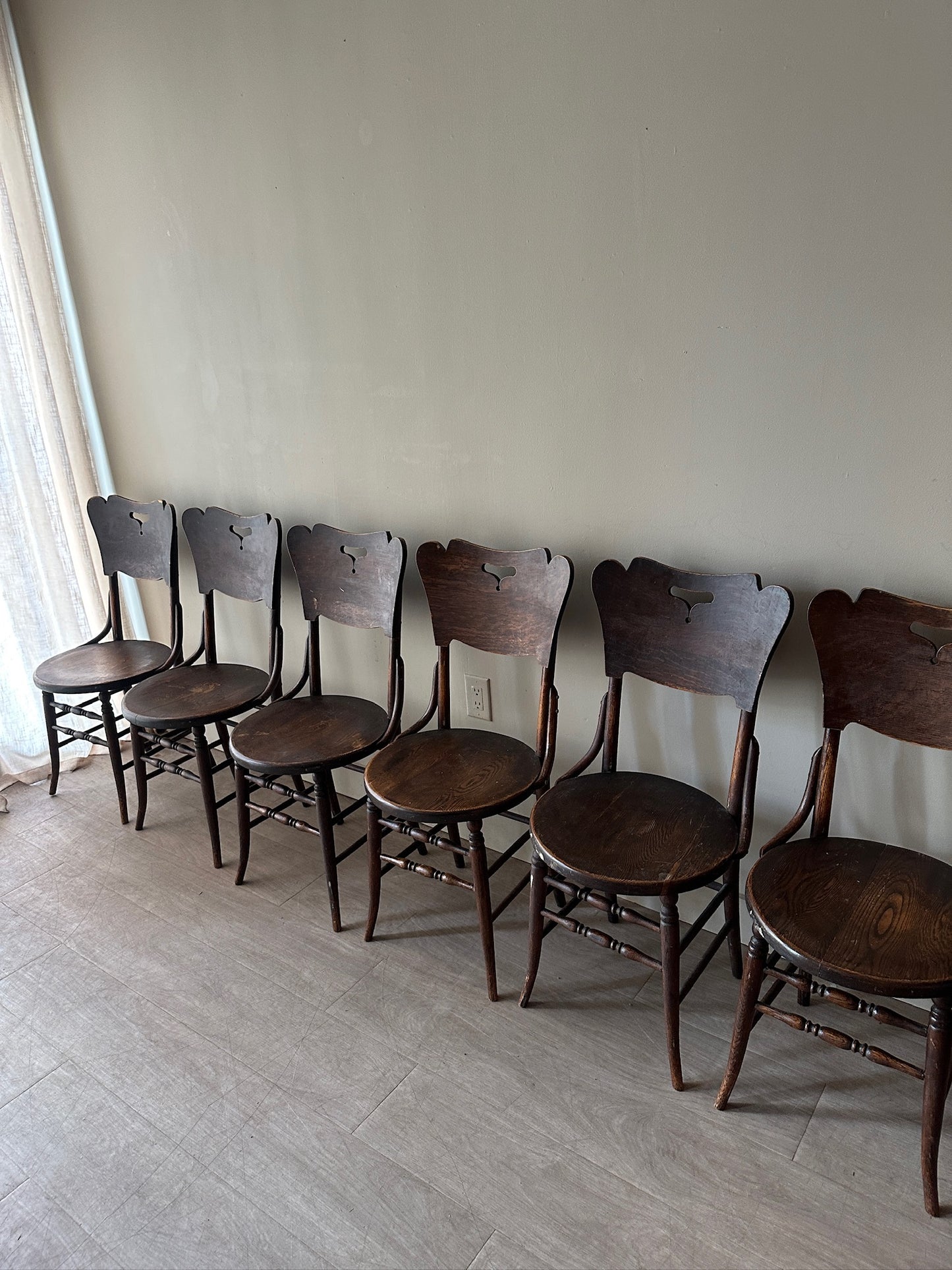 6 dark oak parlor chairs. Sold in sets of 2.