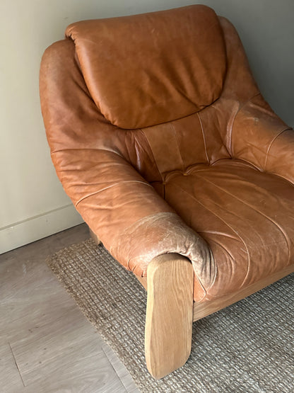 French leather and pine lounge chair