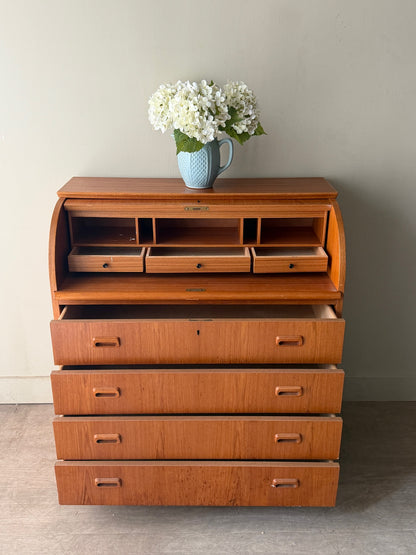 Scandinavian teak roll top secretary dresser