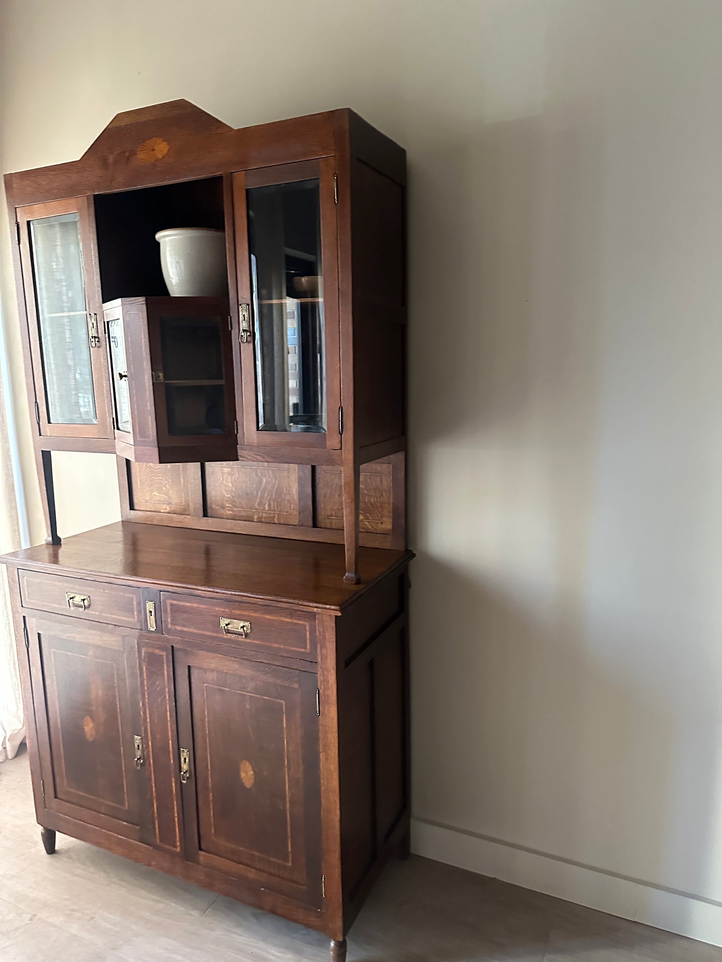 Deco inlaid two piece oak hutch