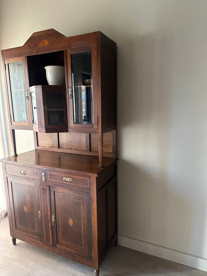 Deco inlaid two piece oak hutch