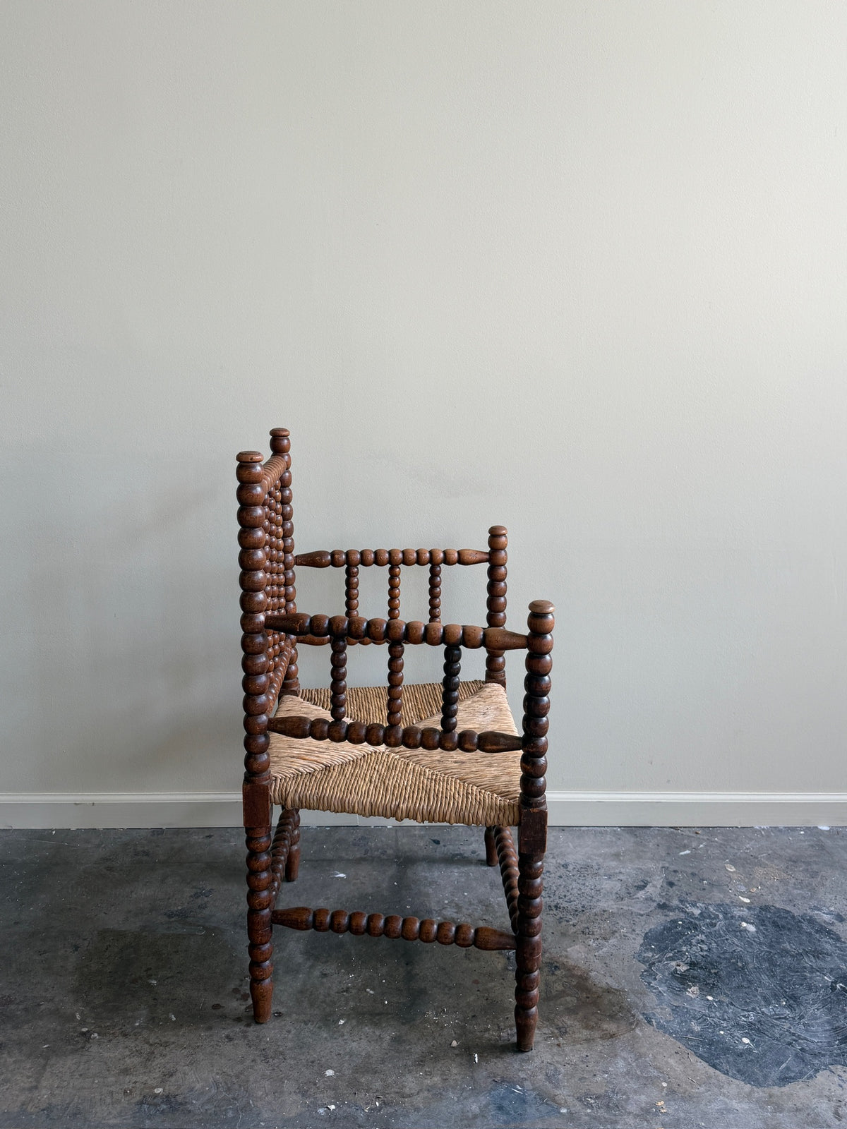 Dutch bobbin oak rush seat armchair
