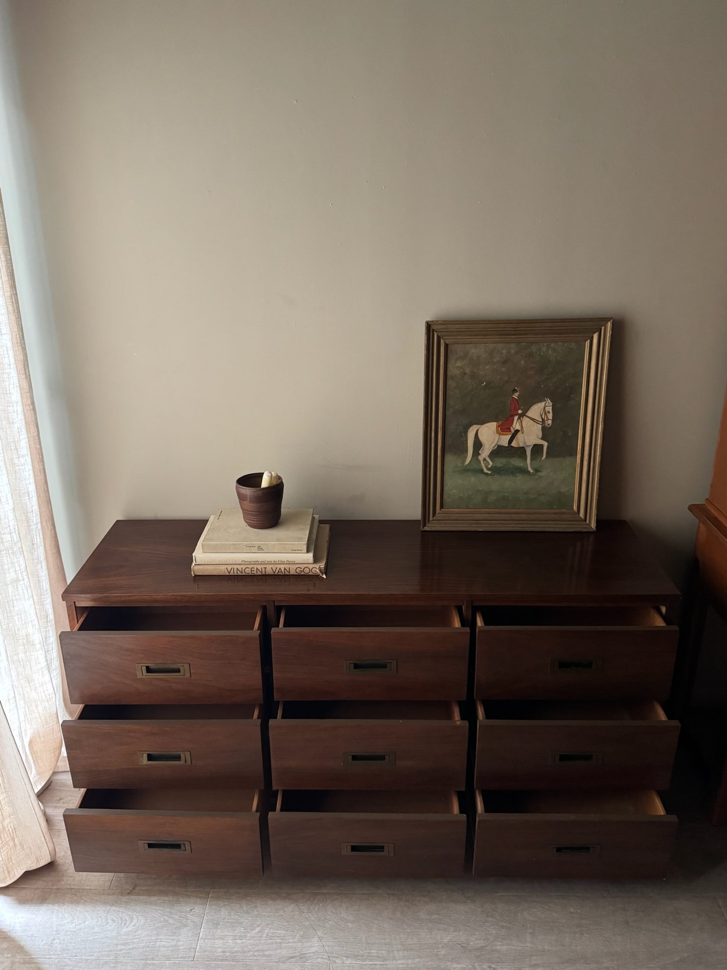 Campaign walnut 9 drawer dresser