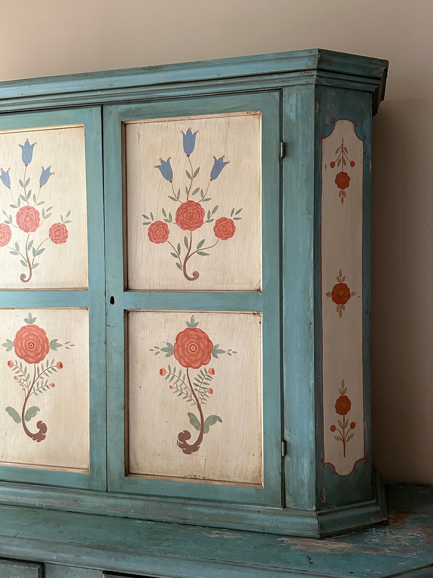 Two piece folk painted Swedish hutch
