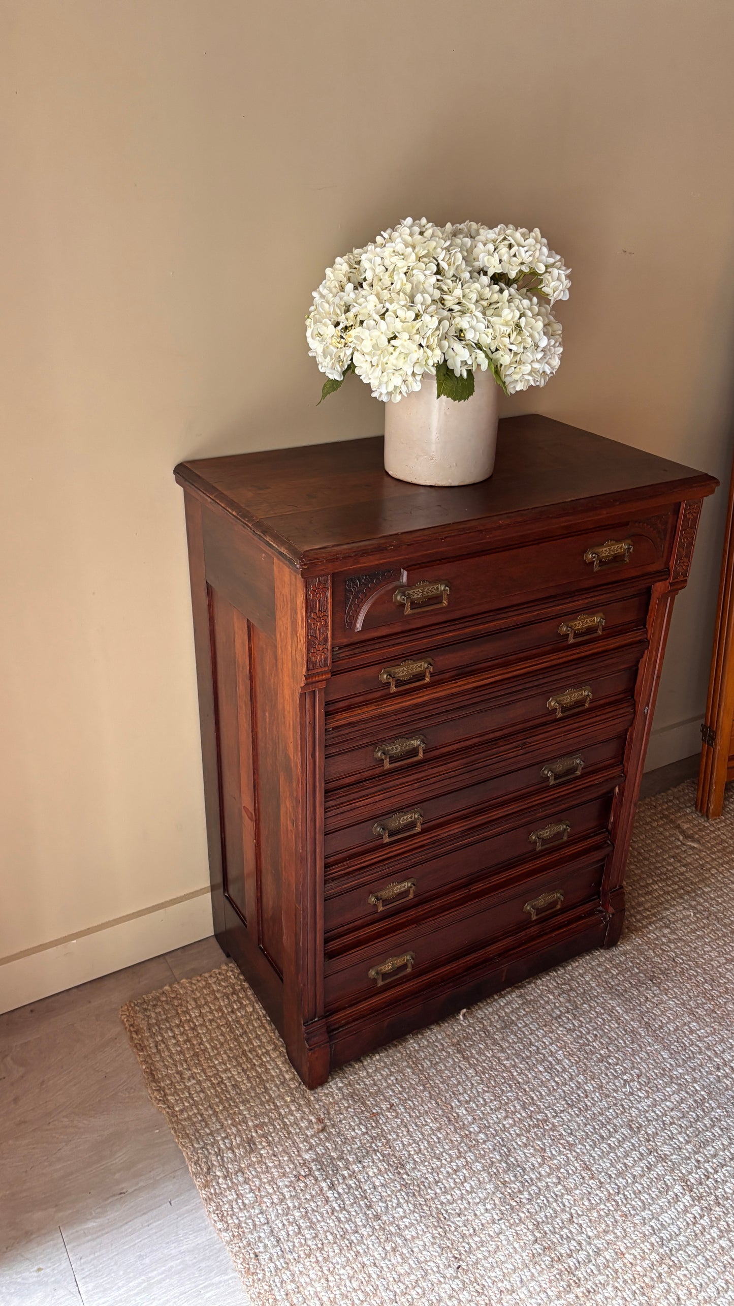 Side lock mixed wood dresser