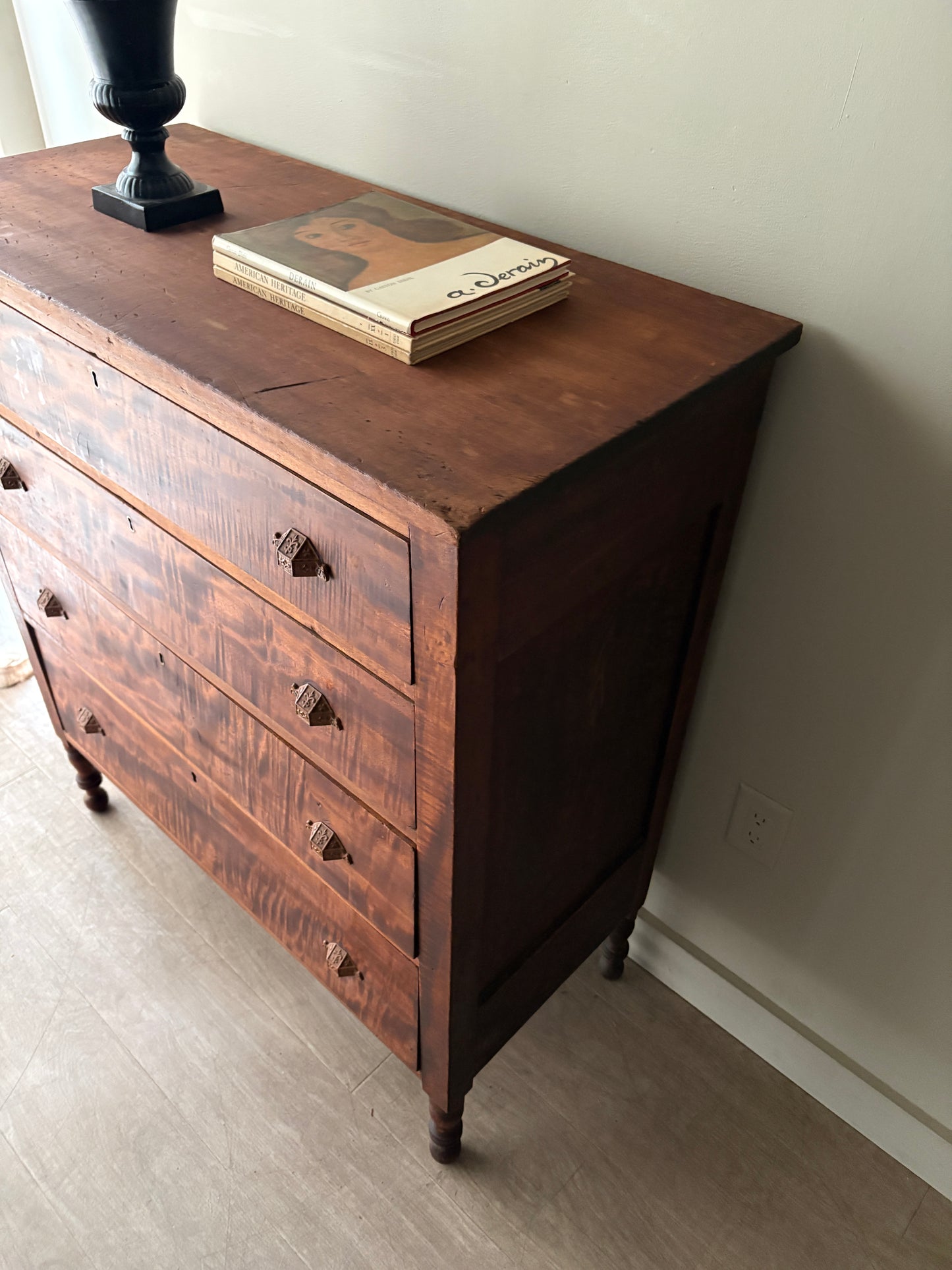 Pennsylvania Sheraton tiger maple tallboy dresser