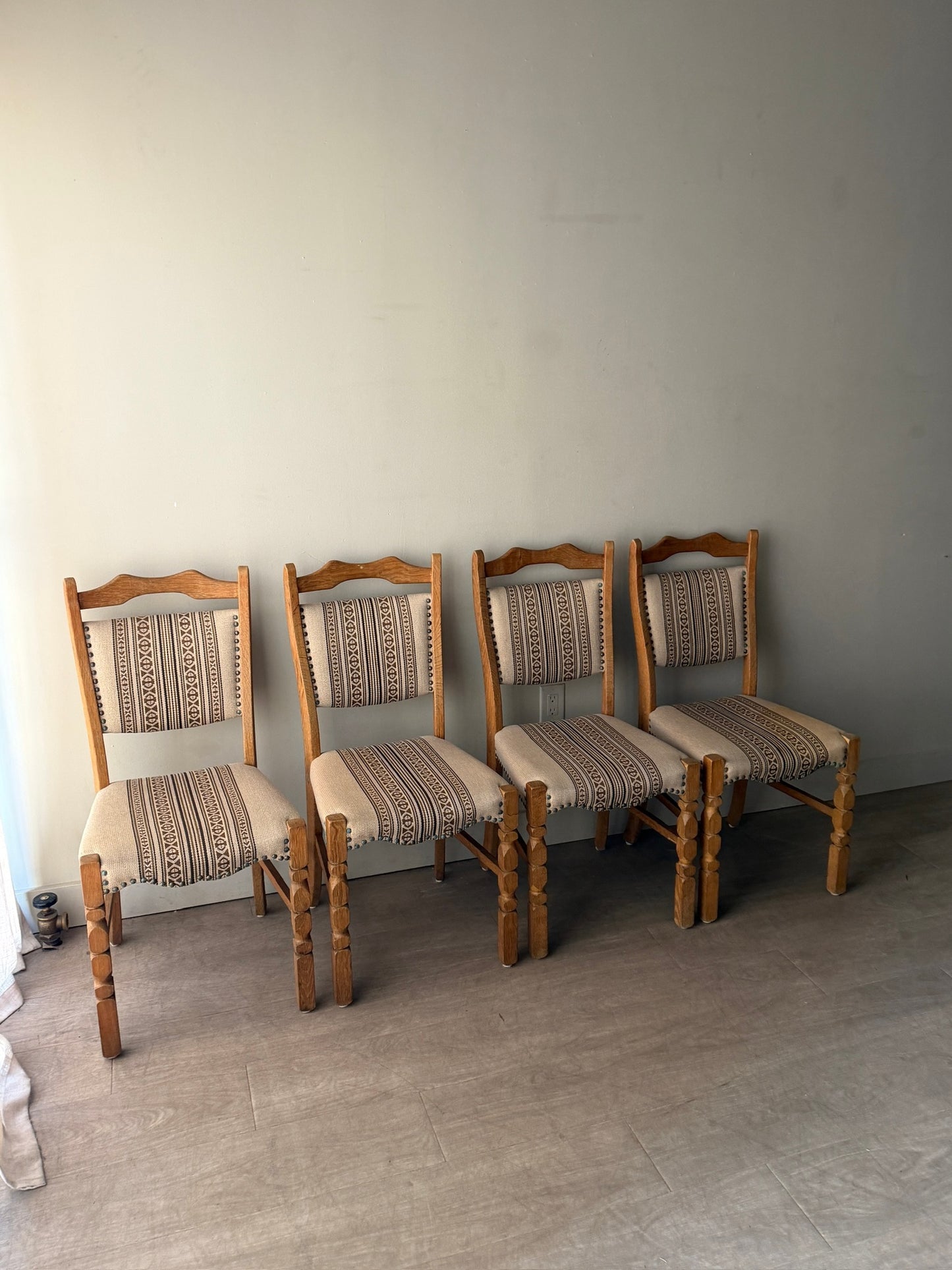 1970s Danish upholstered oak dining chairs. Sold as a set of 4.