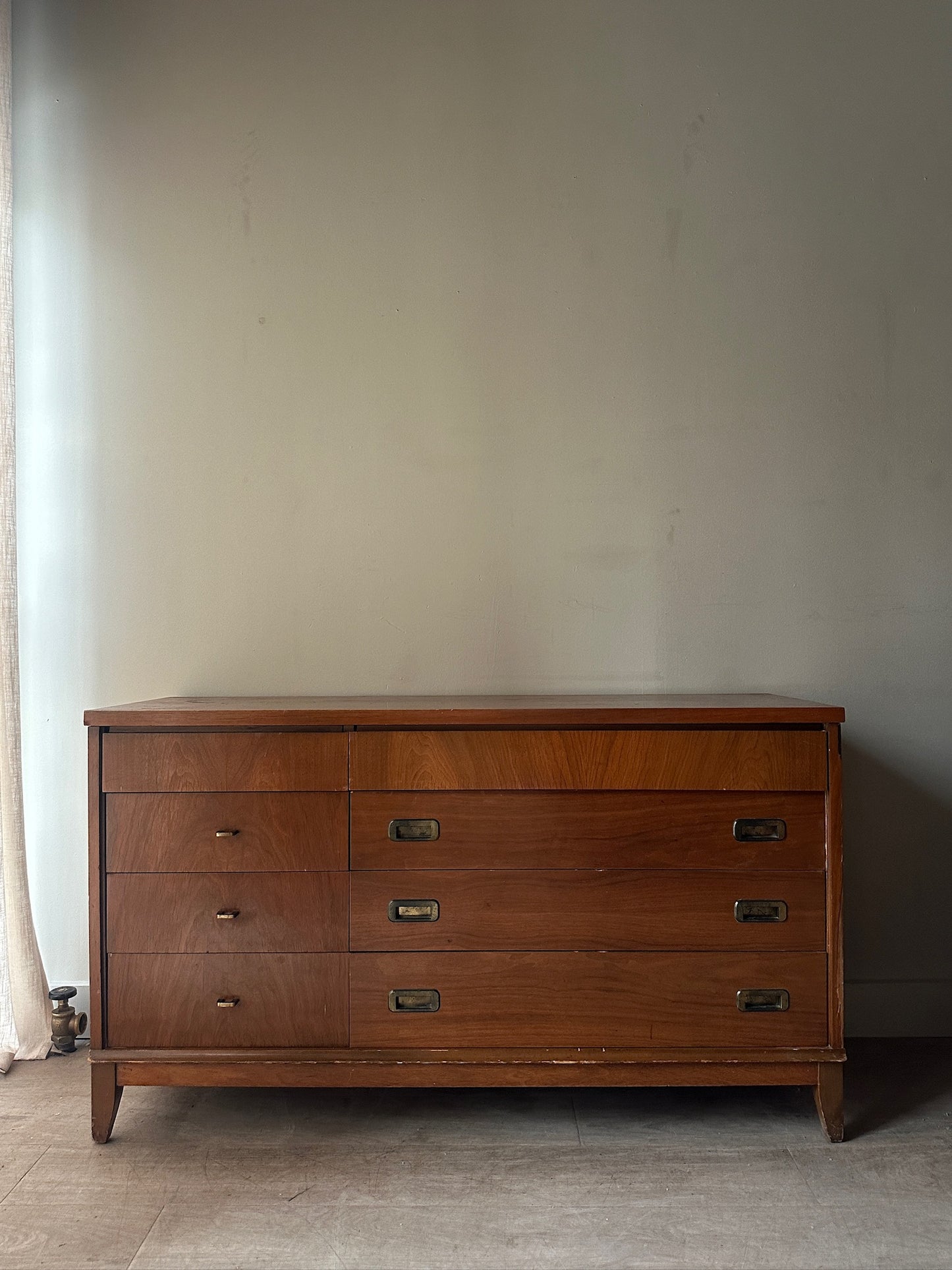 Campaign walnut 8 drawer dresser
