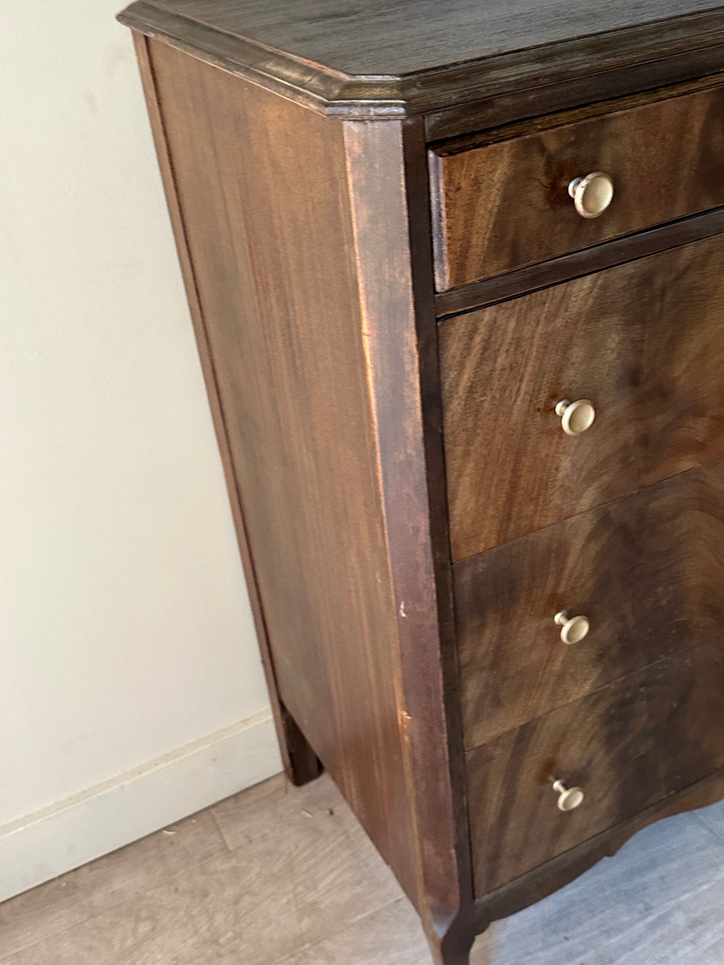 Dark walnut burl front dresser brass knobs