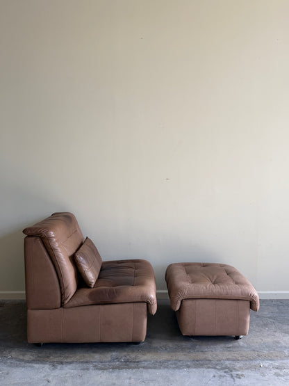 Swiss brown leather lounge chair with ottoman