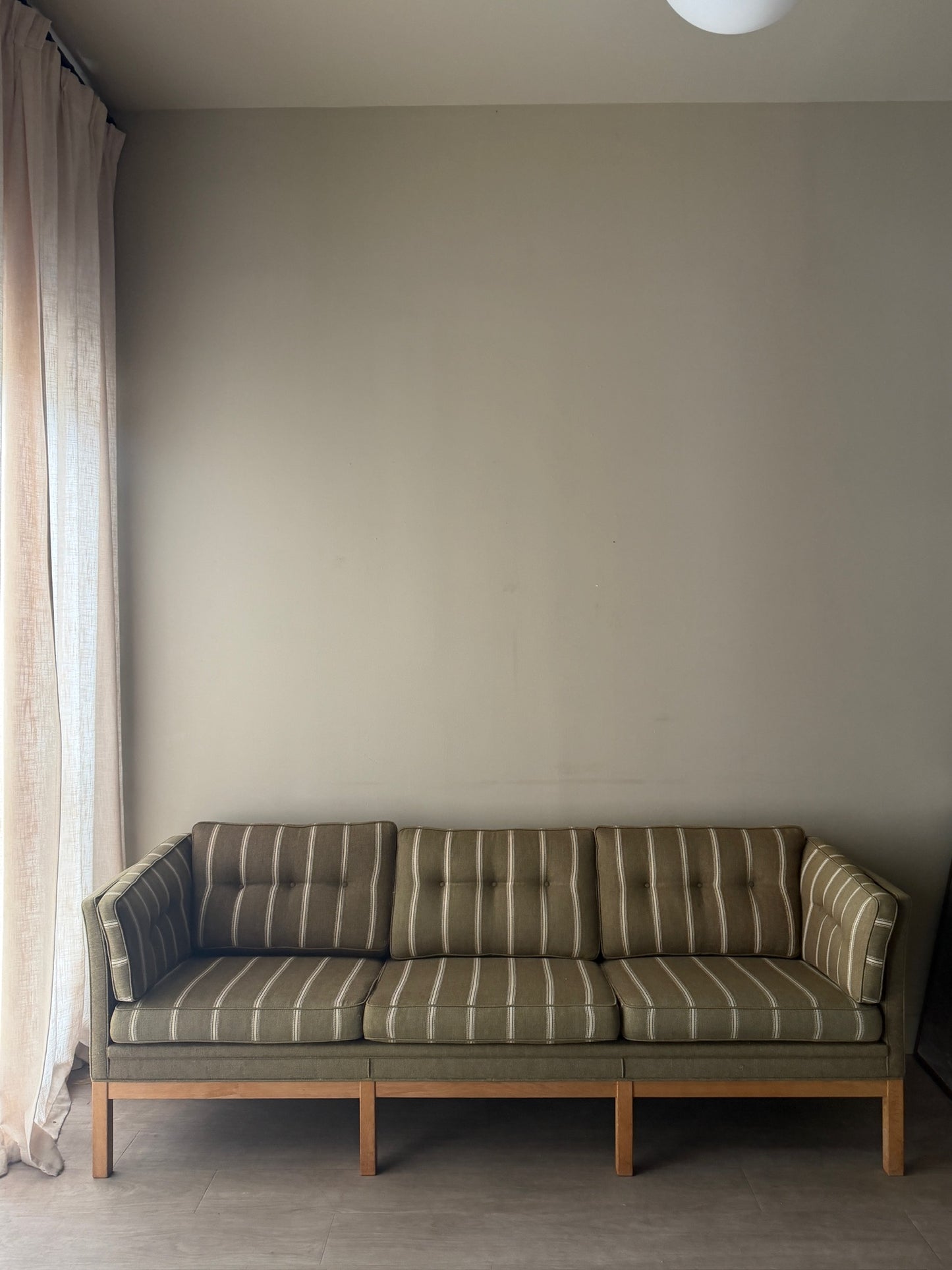Danish green striped wool & oak sofa
