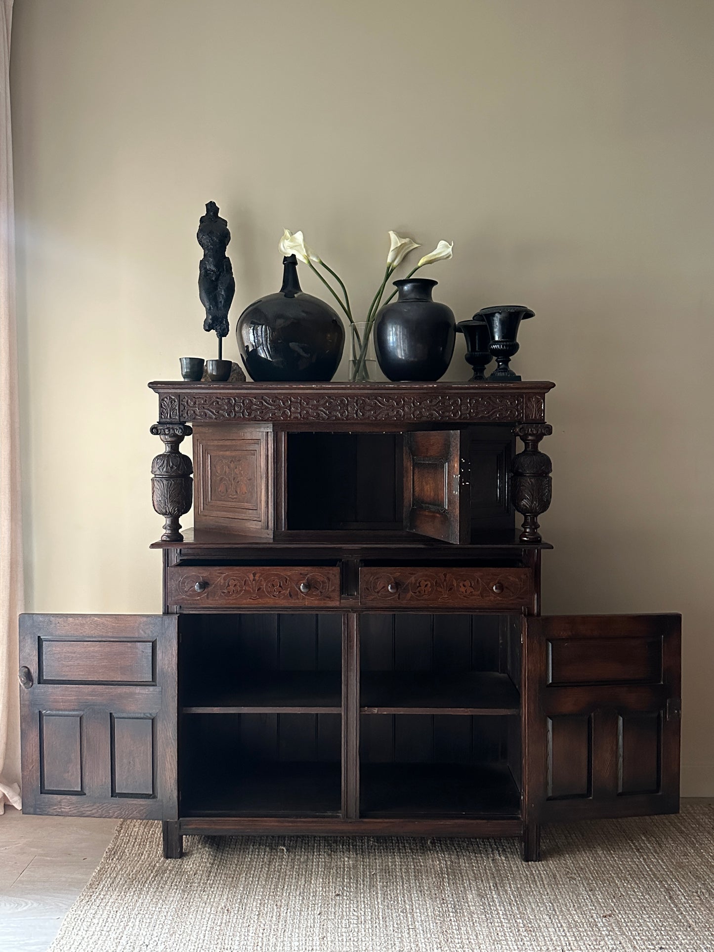 Tudor revival oak inlay cabinet