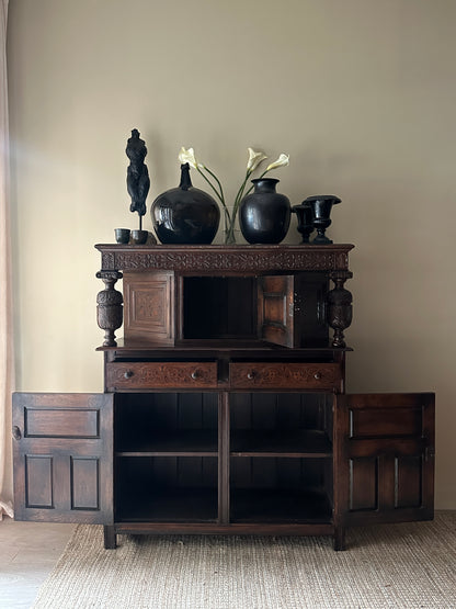 Tudor revival oak inlay cabinet