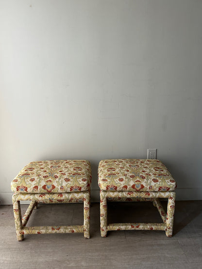 2 Milo Baughman floral upholstered stools or ottomans. Sold individually.