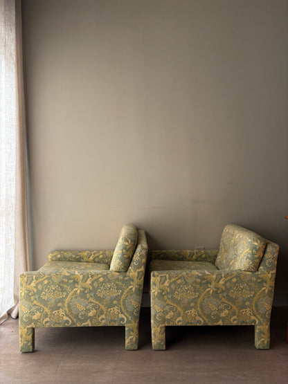 Directional green floral upholstered lounge chairs. Sold individually.
