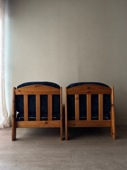Scandinavian blue upholstered pine lounge chairs. Sold individually.