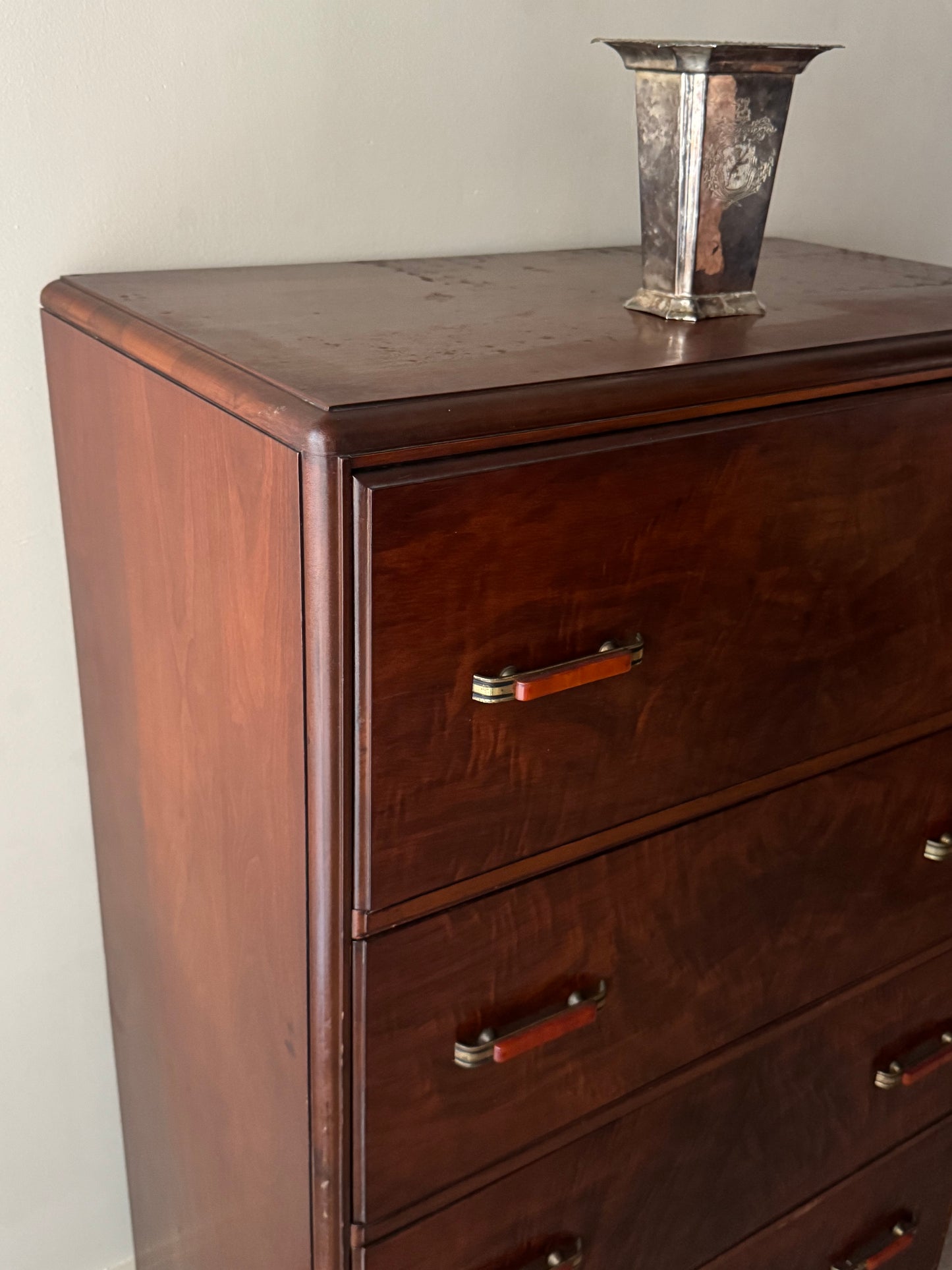 Deco figured walnut tallboy dresser