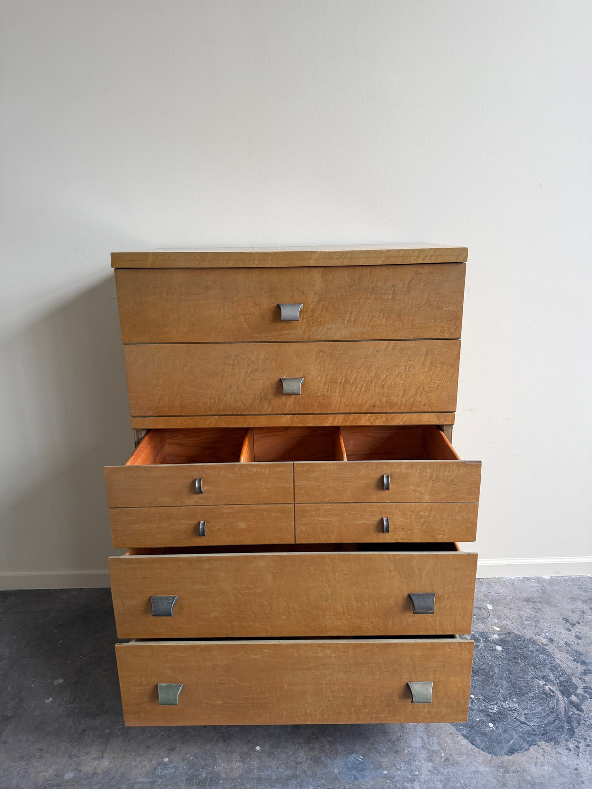 United birdseye maple tallboy dresser