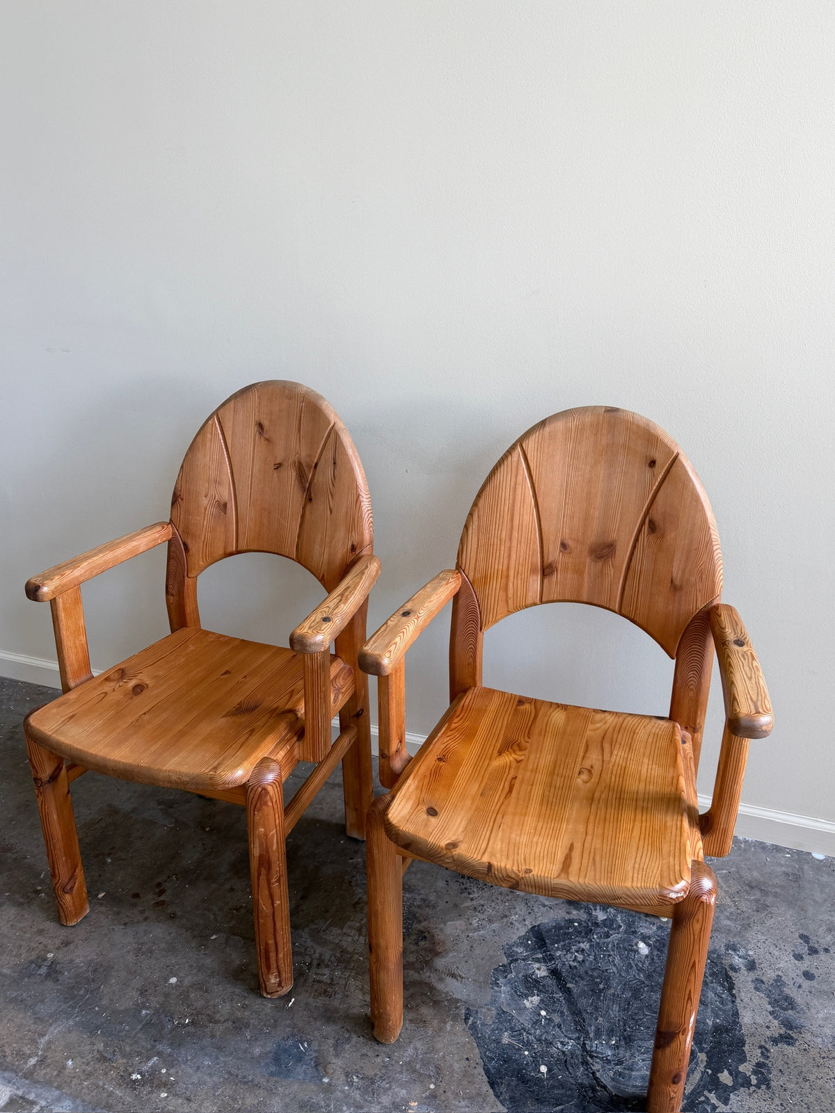 Danish pine arm chairs. Sold individually.