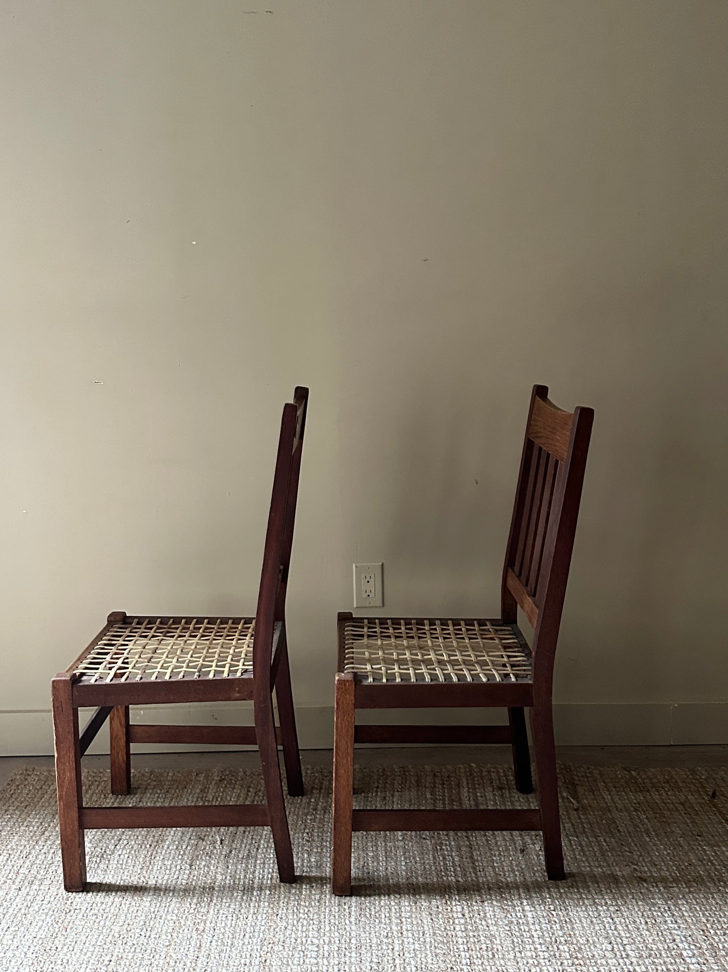 Oak dining chairs. Sold in pair.