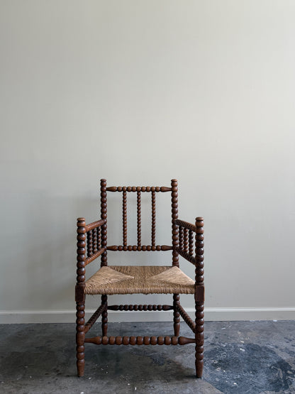 Dutch bobbin oak rush seat armchair