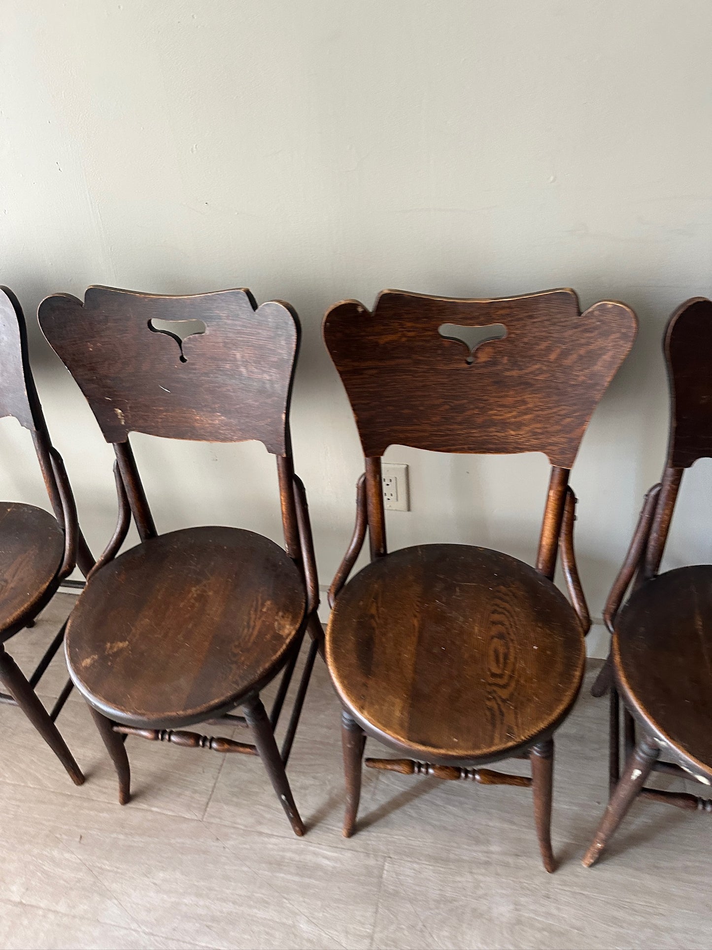 6 dark oak parlor chairs. Sold in sets of 2.